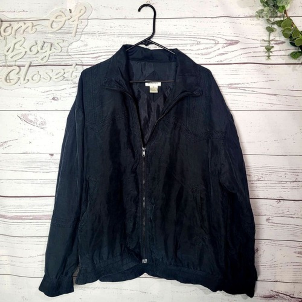 Vintage Bogari Black 100%‎ Silk Full Zip Long Sleeve Jacket Womans Size Large